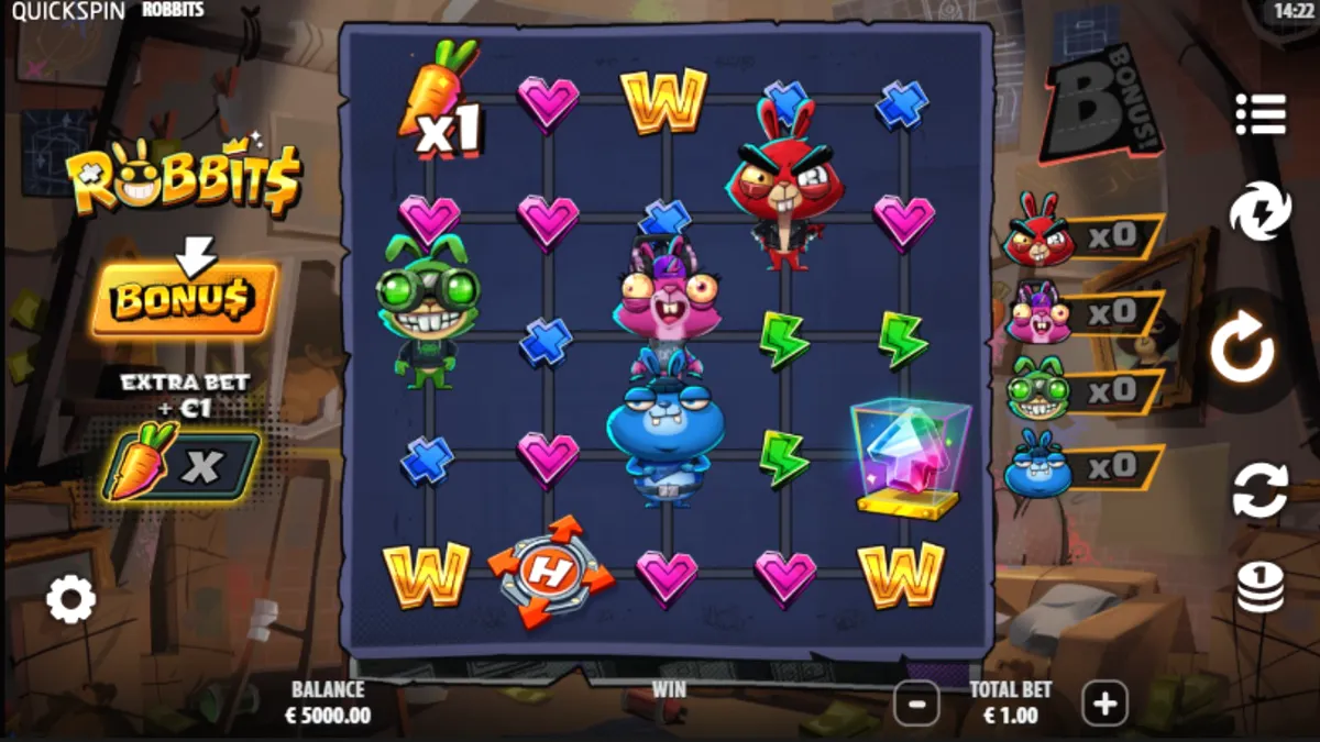 Tampilan visual karakter kelinci dalam game slot Robbits oleh Quickspin