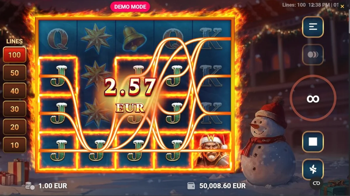 Tampilan visual slot Frosty Rage dengan latar belakang salju dan simbol gladiator bertema Natal.